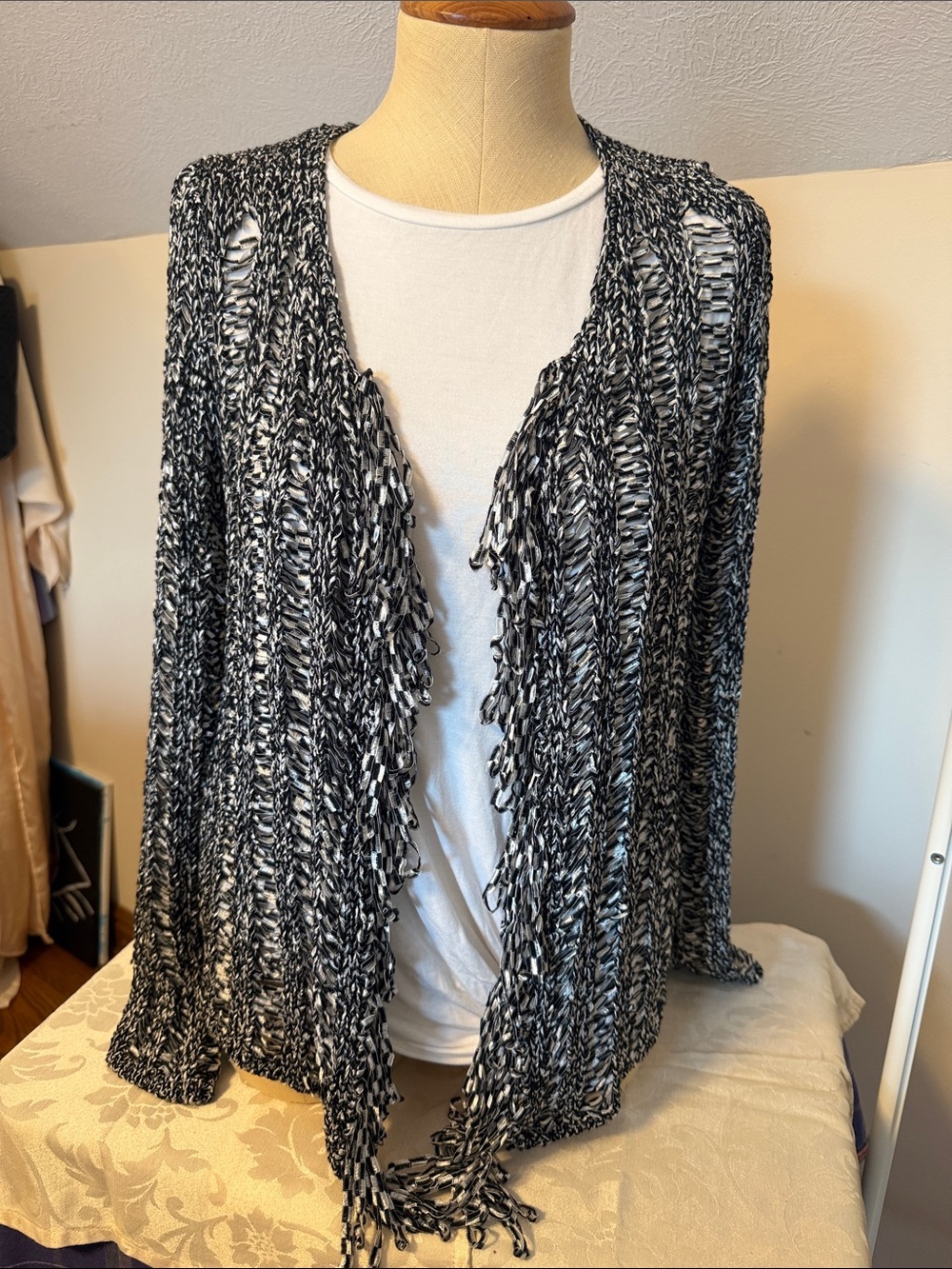 BCBGMaxazria black and white ribbon open knit open front cardigan sweater size M